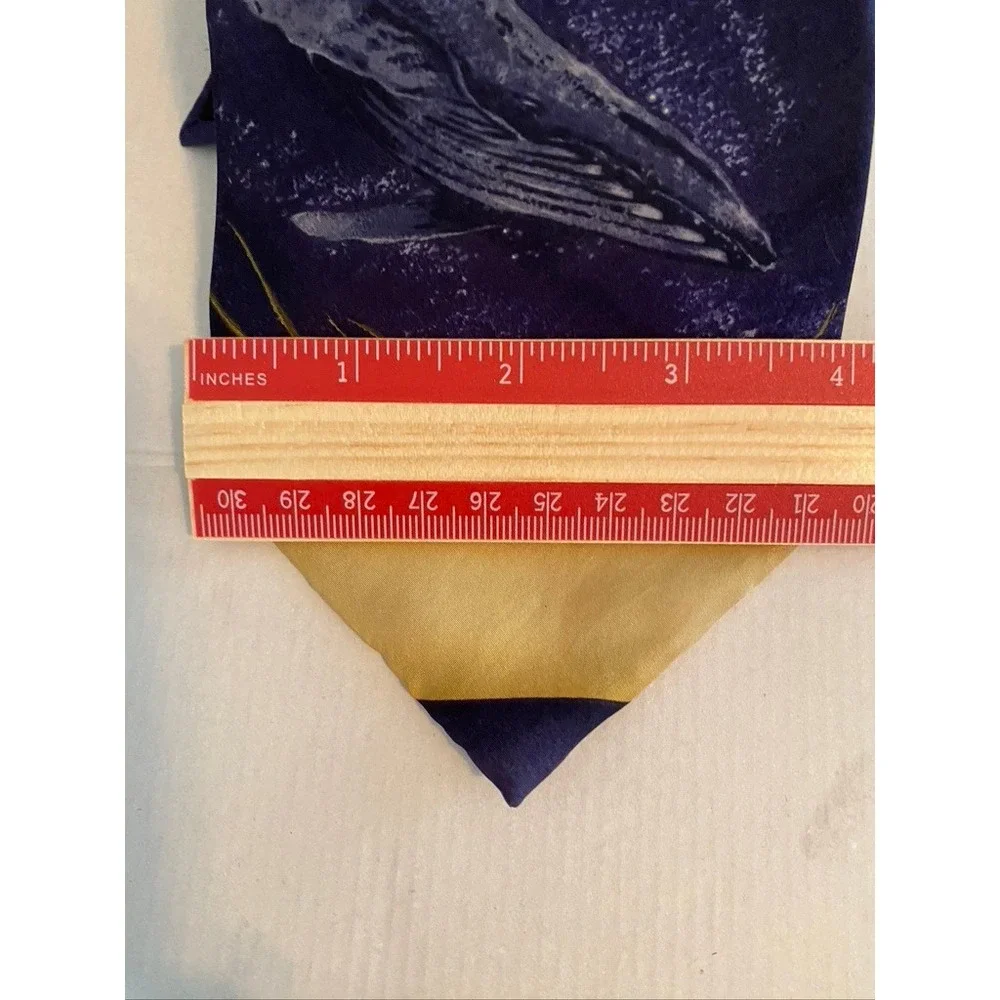 Endangered Species Humpback Whale Silk Tie Navy Gold Striped Nautical Ocean 57in